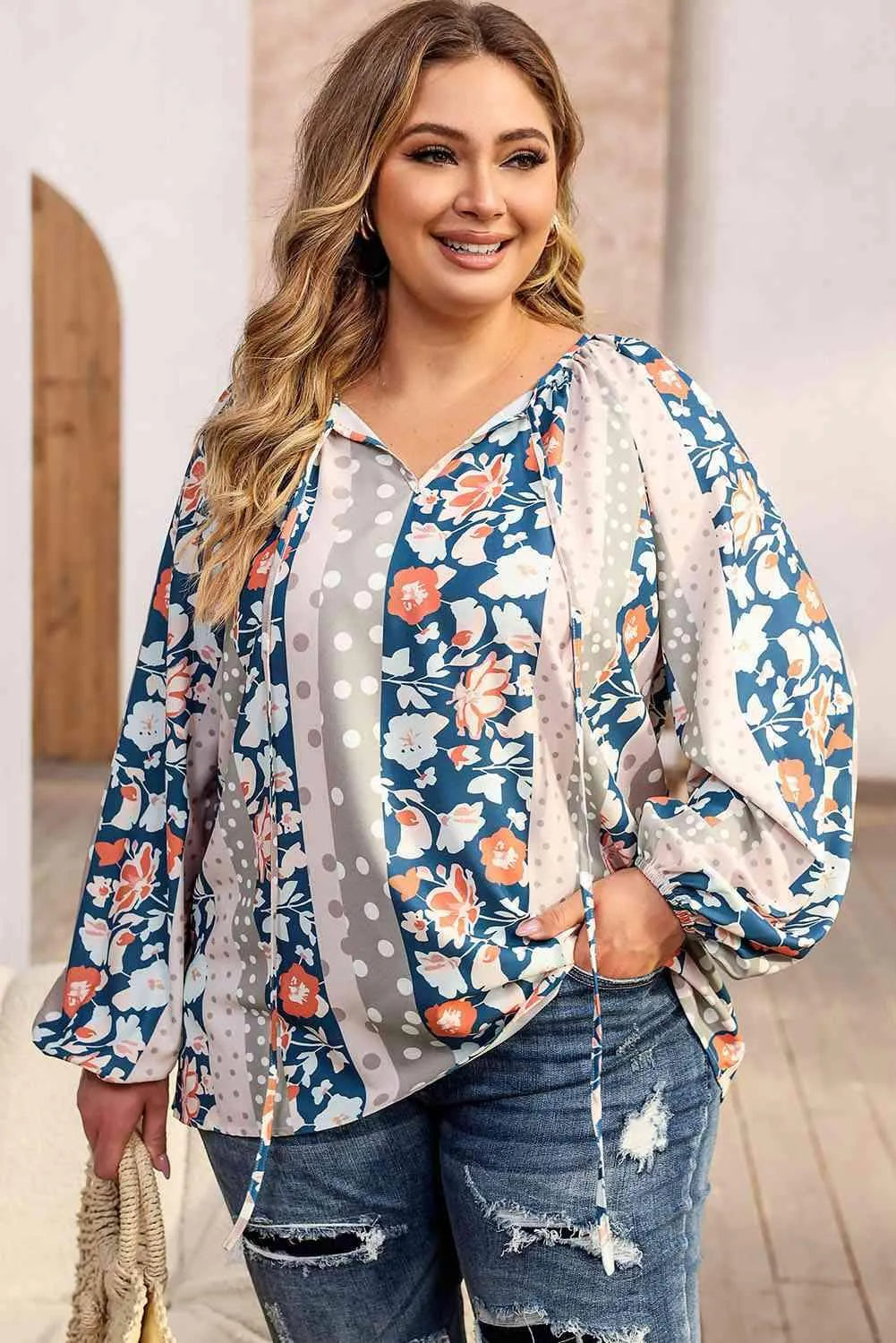 Plus Size Floral Tie Neck Blouse Blouses - Tophatter Daily Deals