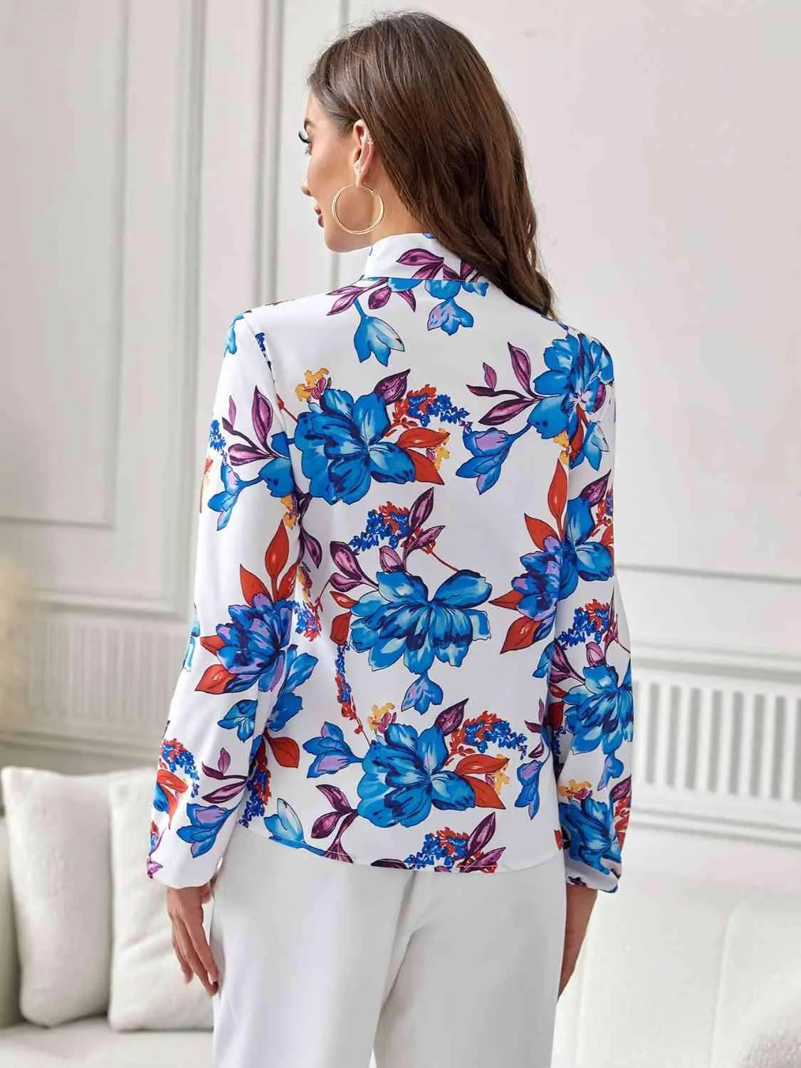 Floral Tie Neck Long Sleeve Blouse Blouses - Tophatter Daily Deals
