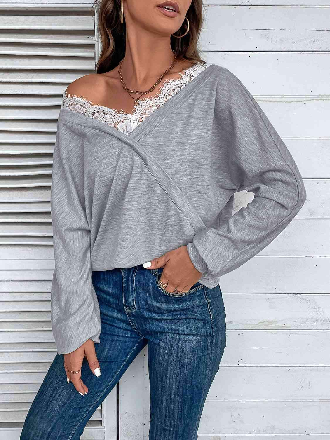 Lace Detail Long Sleeve Top Blouses - Tophatter Daily Deals