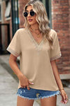 Openwork V-Neck Short Sleeve T-Shirt Cream Women's T-Shirts - Tophatter Daily Deals