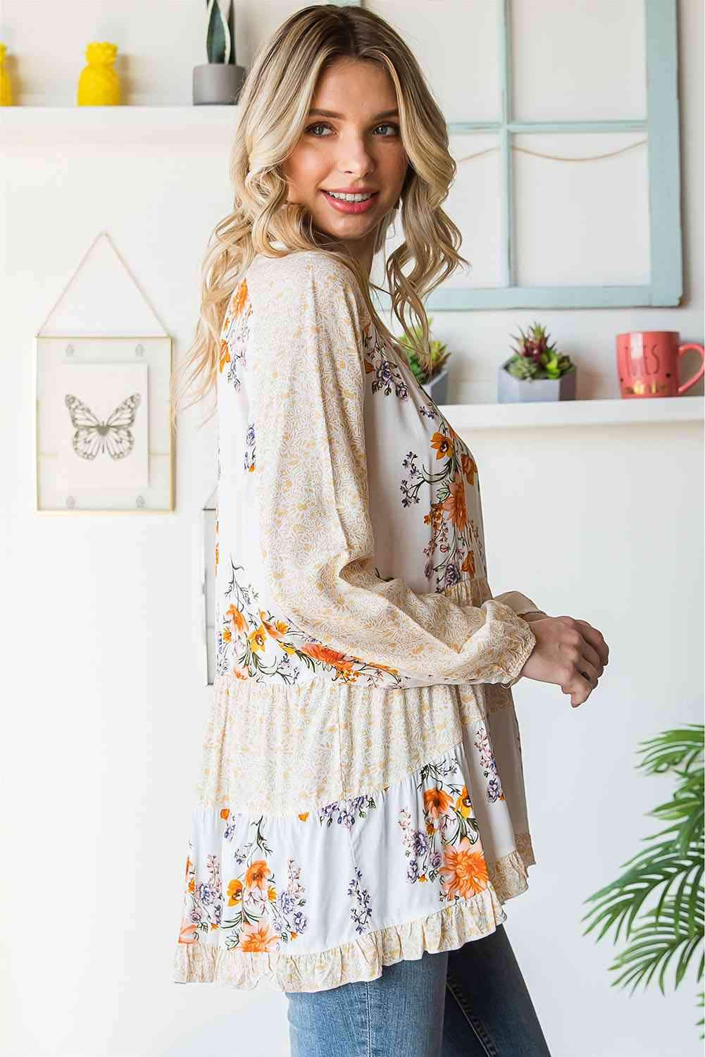 Floral Tie Neck Tiered Blouse Blouses - Tophatter Daily Deals