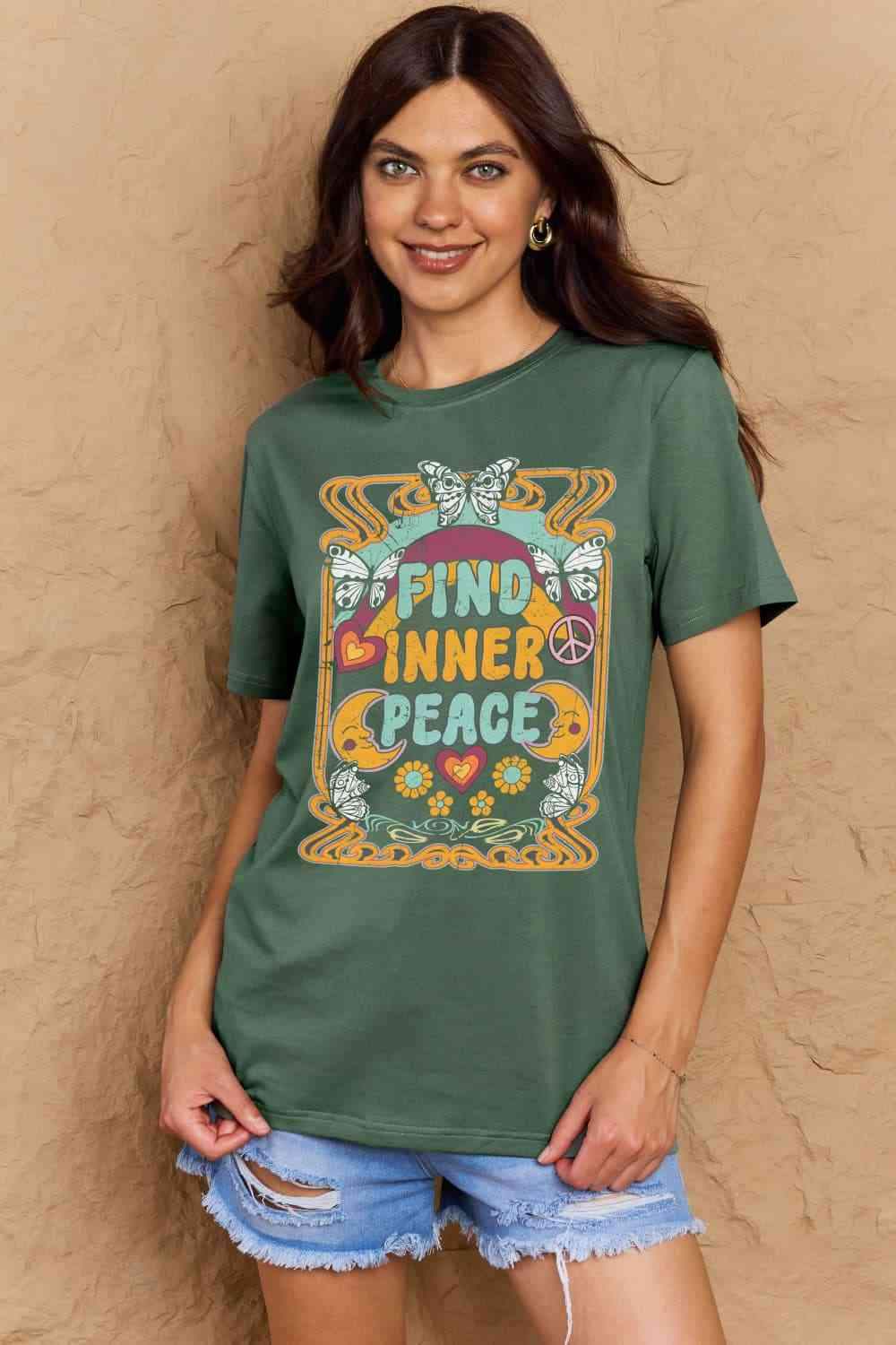 Simply Love Full Size FIND INNER PEACE Graphic Cotton T-Shirt Green Women's T-Shirts - Tophatter Daily Deals