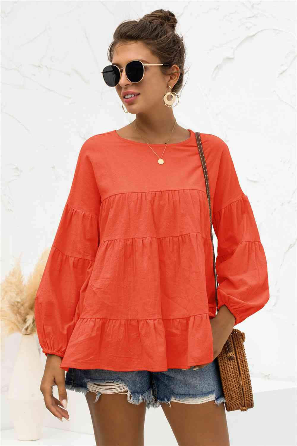 Round Neck Bubble Sleeve Tiered Blouse Orange Blouses - Tophatter Daily Deals