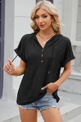 Half Button Drawstring Short Sleeve Hooded T-Shirt Women's T-Shirts - Tophatter Daily Deals