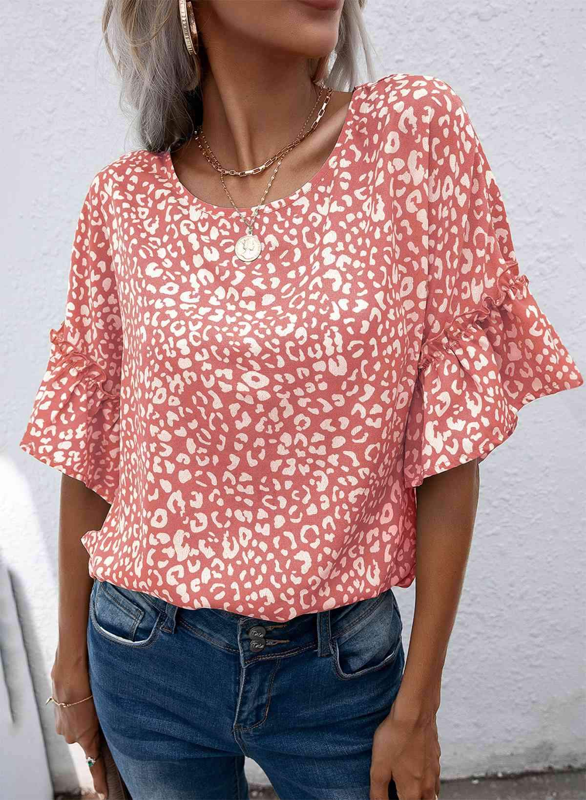 Leopard Round Neck Frill Trim Blouse Burnt Coral Blouses - Tophatter Daily Deals