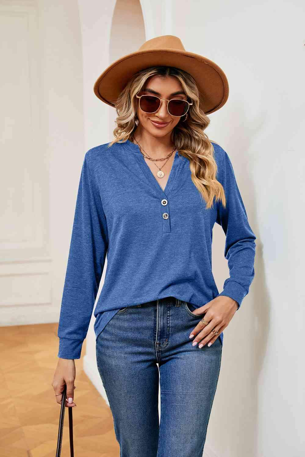 Buttoned Notched Neck Long Sleeve Top Azure Blouses - Tophatter Daily Deals