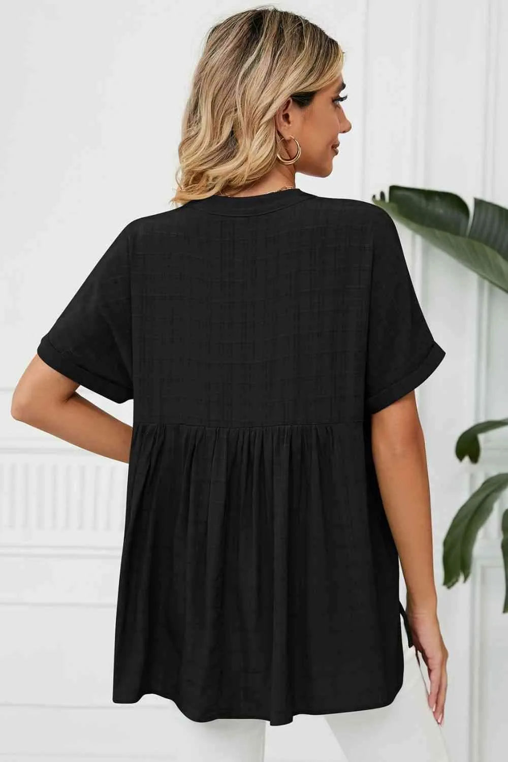 Side Slit Notched Neck Cuffed Short Sleeve Blouse Blouses - Tophatter Daily Deals