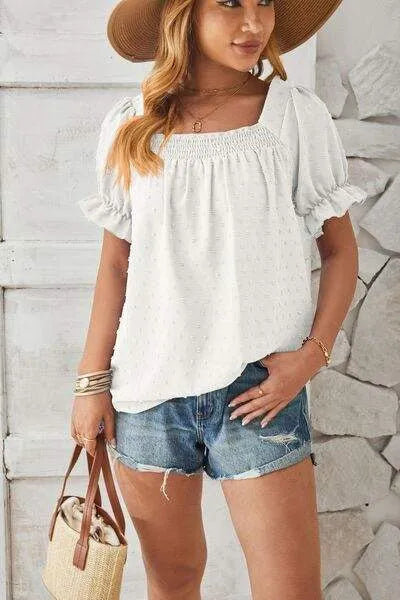 Swiss Dot Smocked Square Neck Short Sleeve T-Shirt Women's T-Shirts - Tophatter Daily Deals