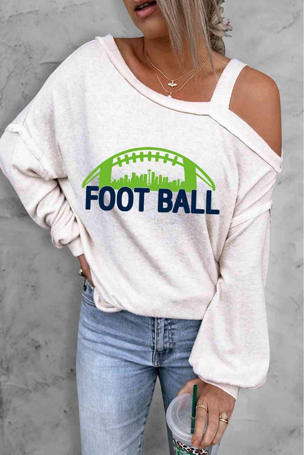 FOOTBALL Graphic Long Sleeve Asymmetrical Neck Top White Blouses - Tophatter Daily Deals