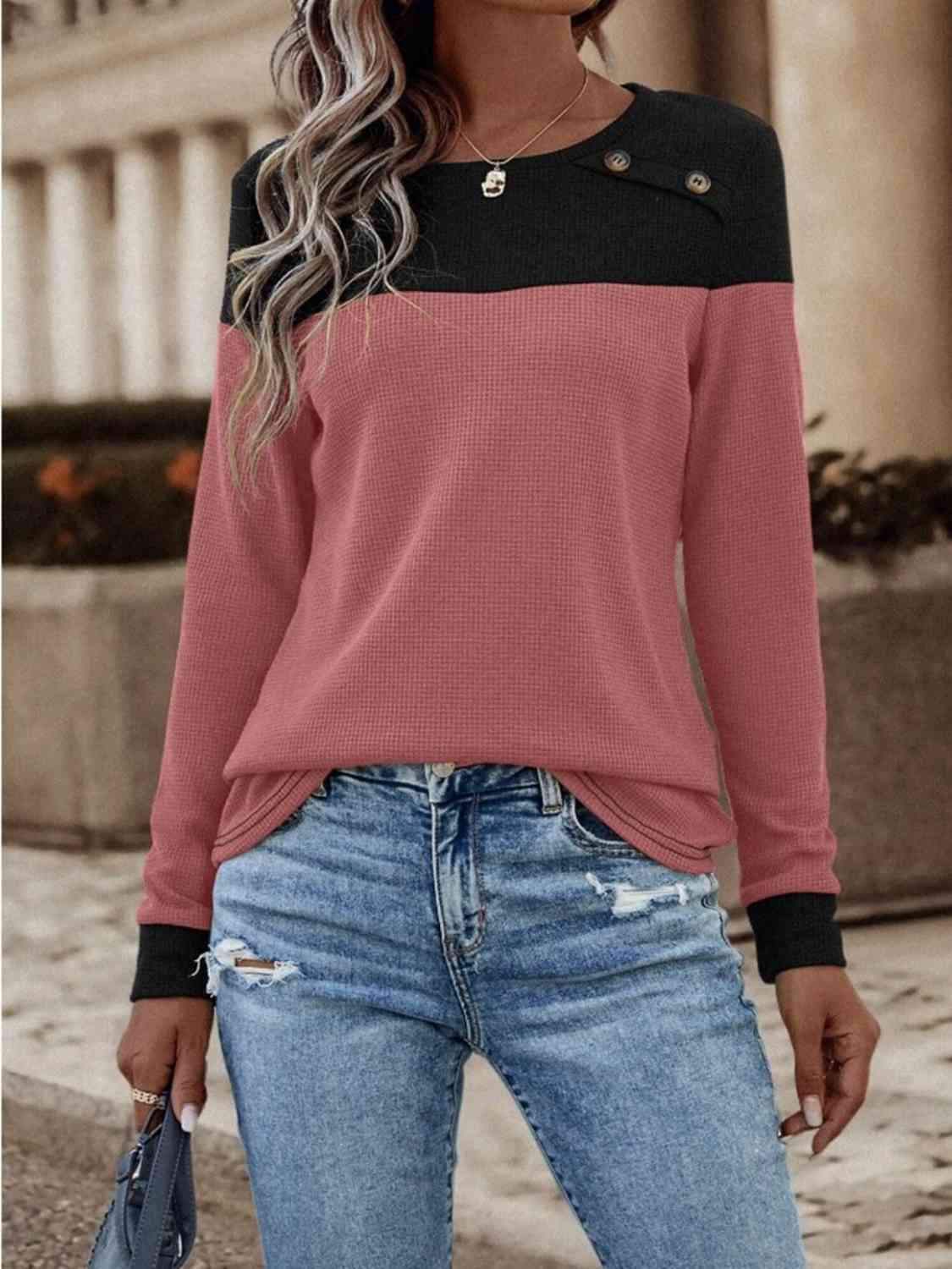 Contrast Buttoned Round Neck Long Sleeve T-Shirt Moonlit Mauve Women's T-Shirts - Tophatter Daily Deals