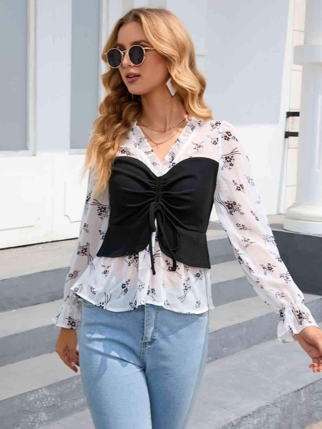 Floral Frill Trim Flounce Sleeve Drawstring Blouse Blouses - Tophatter Daily Deals