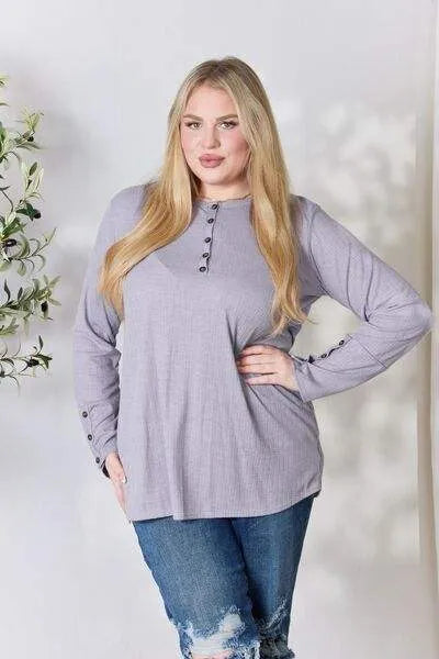 Heimish Full Size Texture Half Button Long Sleeve Top Blouses - Tophatter Daily Deals