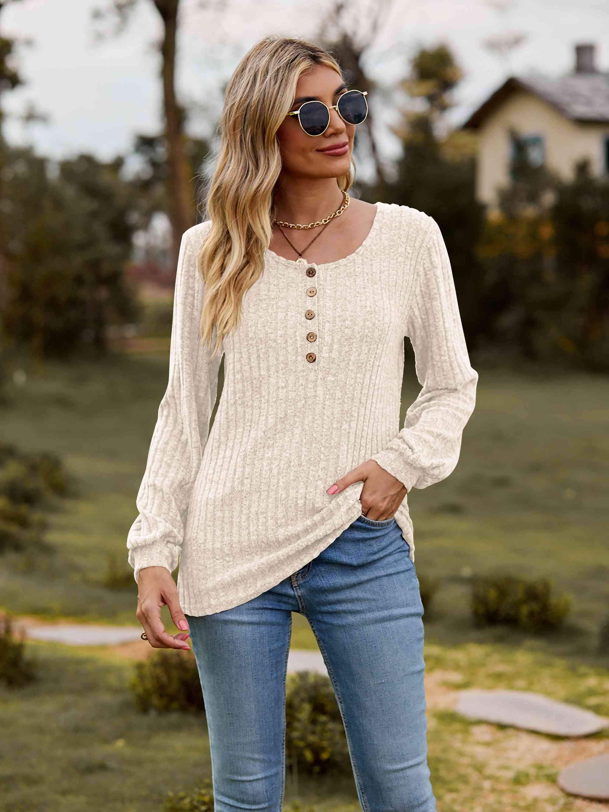 Round Neck Button-Down Long Sleeve Tee Women's T-Shirts - Tophatter Daily Deals