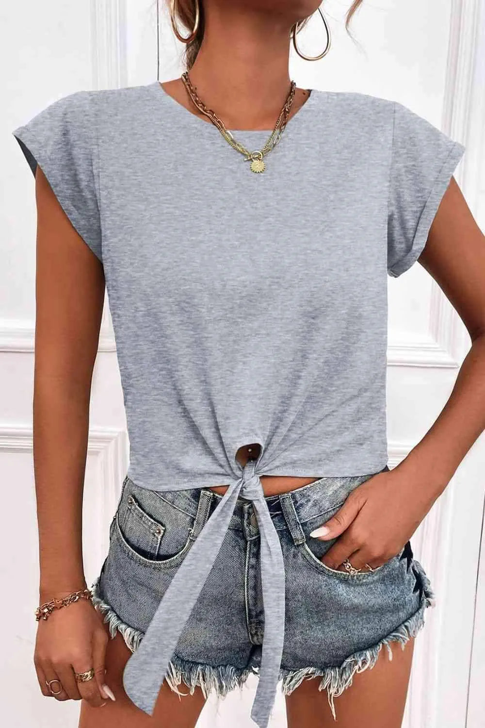 Tied Round Neck Crop Tee Mid Gray Women's T-Shirts - Tophatter Daily Deals