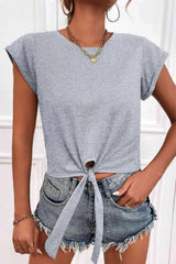 Tied Round Neck Crop Tee Mid Gray Women's T-Shirts - Tophatter Daily Deals