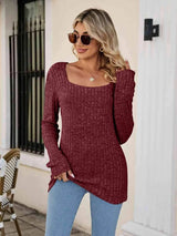 Square Neck Ribbed Long Sleeve T-Shirt Wine Women's T-Shirts - Tophatter Daily Deals