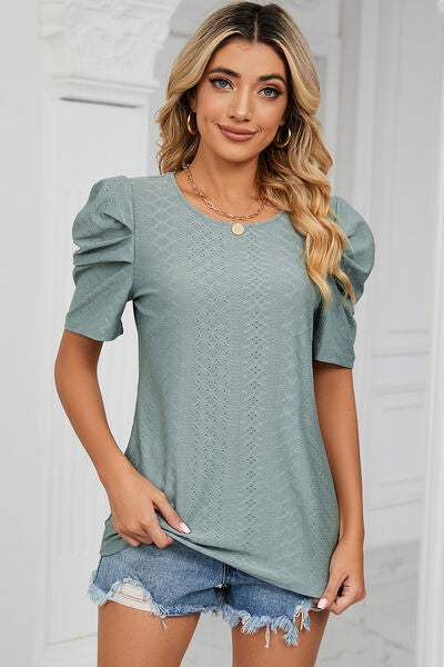 Eyelet Round Neck Puff Sleeve T-Shirt Women's T-Shirts - Tophatter Daily Deals