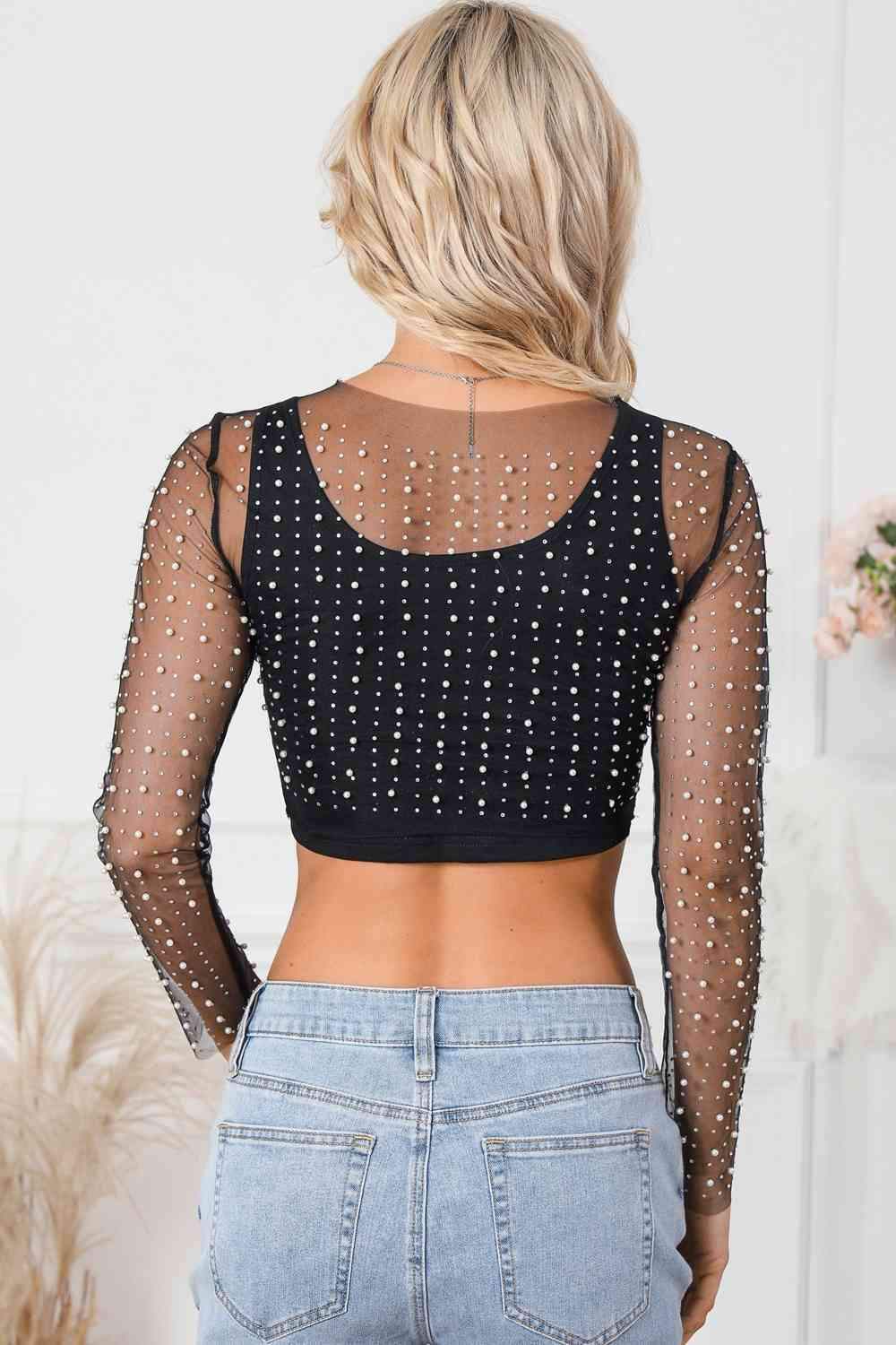 Pearl Long Sleeve Mesh Cropped Top Blouses - Tophatter Daily Deals