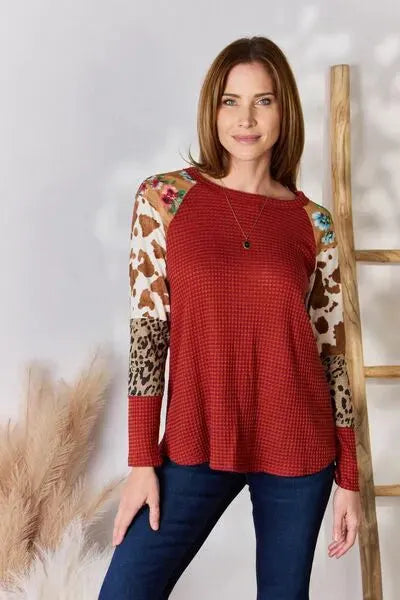 Hailey & Co Full Size Leopard Waffle-Knit Blouse Blouses - Tophatter Daily Deals