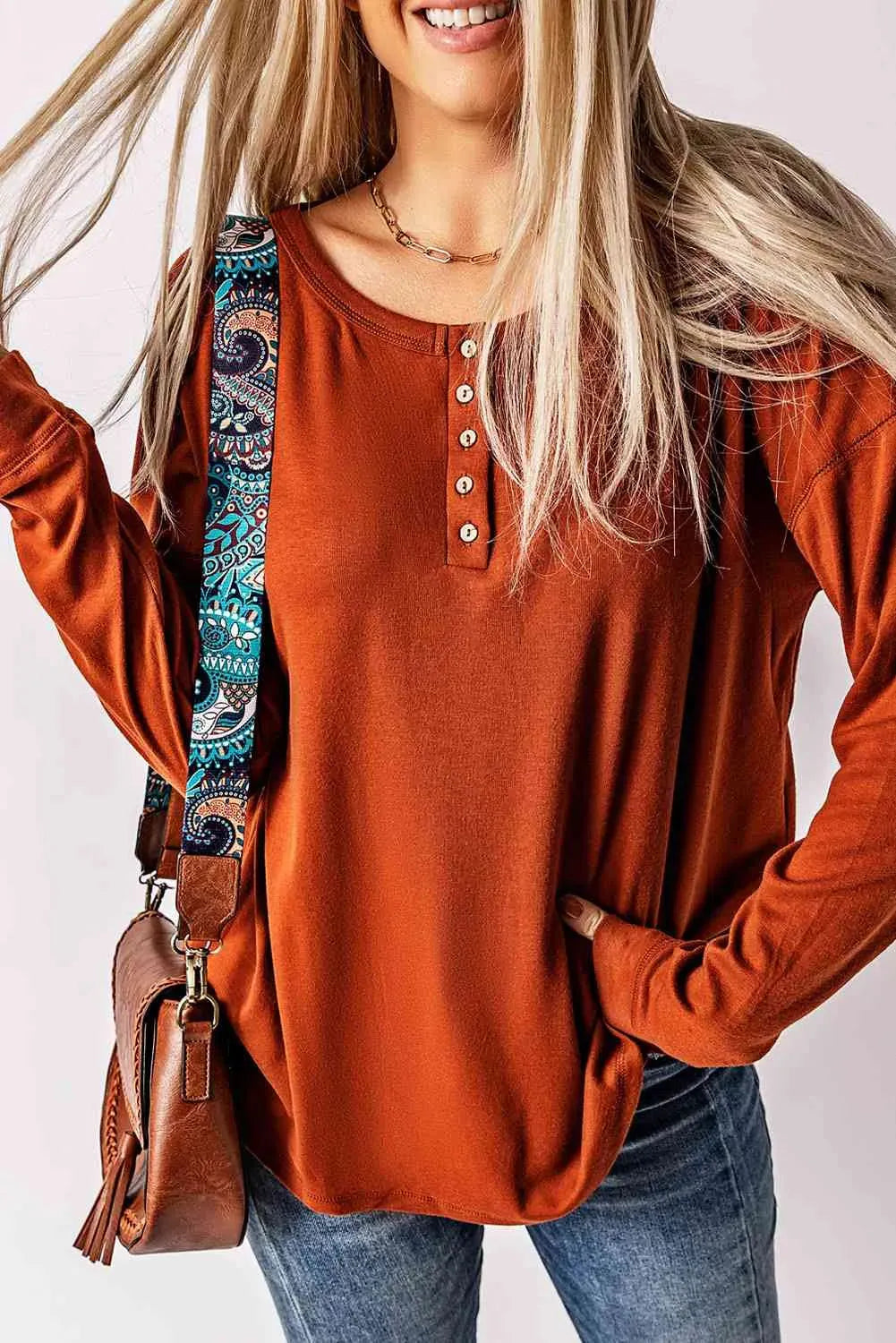Long Sleeve Henley Top Blouses - Tophatter Daily Deals