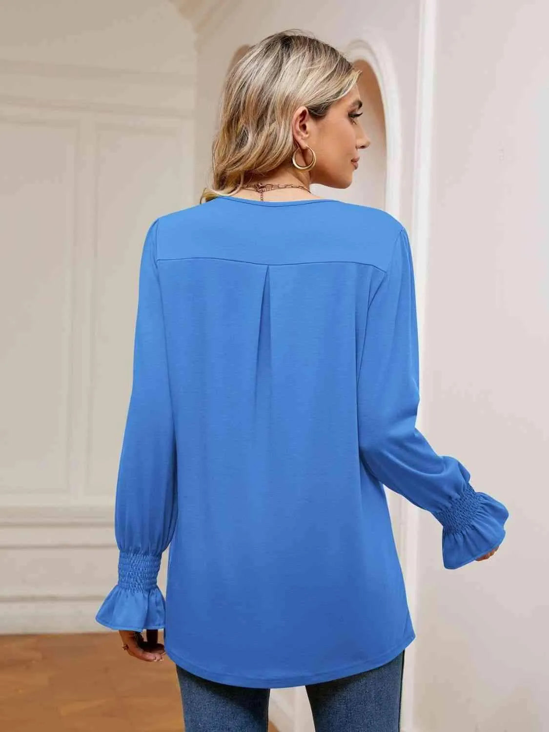 V-Neck Flounce Sleeve Blouse Blouses - Tophatter Daily Deals