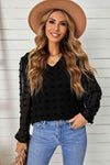 Swiss Dot Balloon Sleeve V-Neck Blouse Black Blouses - Tophatter Daily Deals