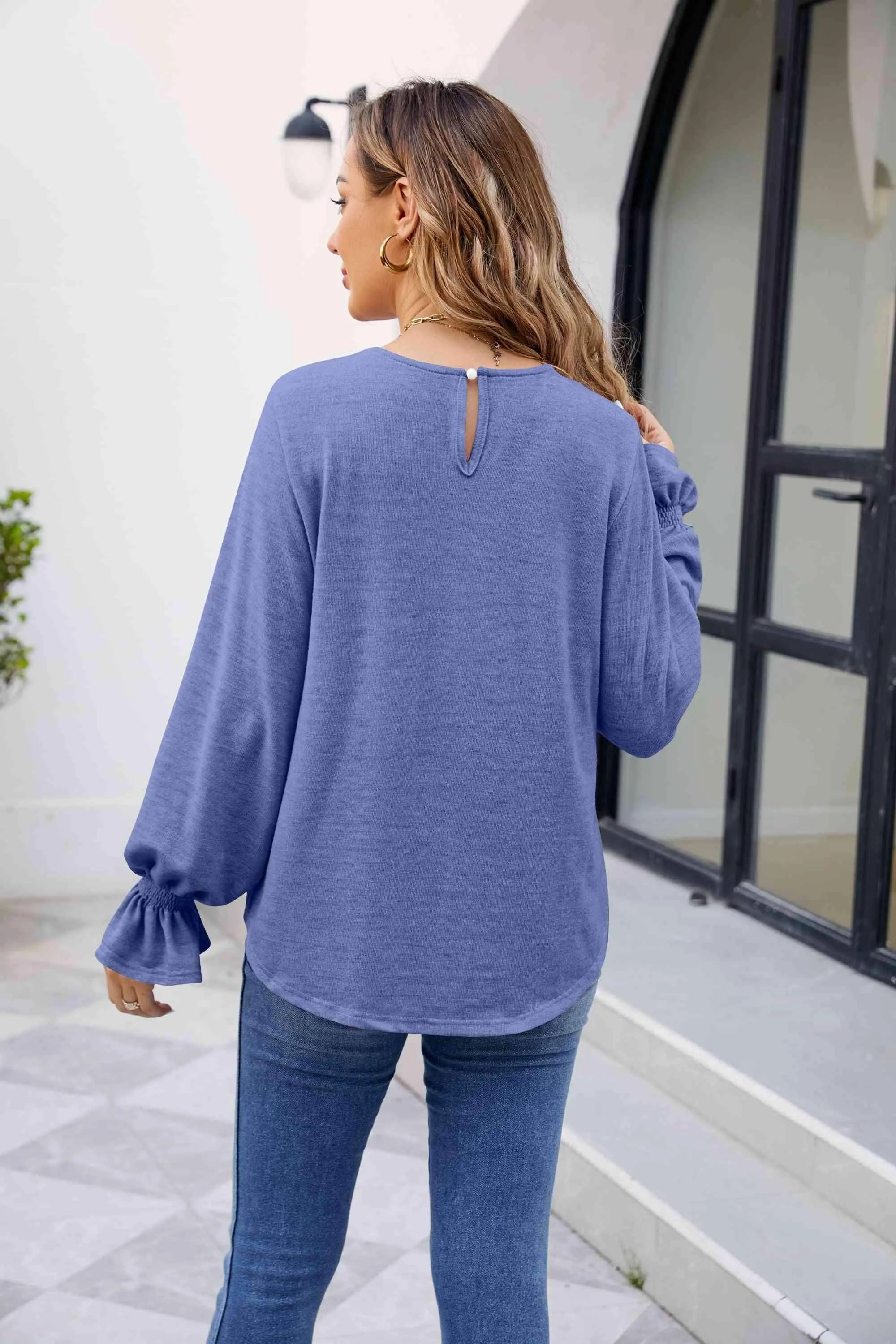 Round Neck Flounce Sleeve Blouse Blouses - Tophatter Daily Deals
