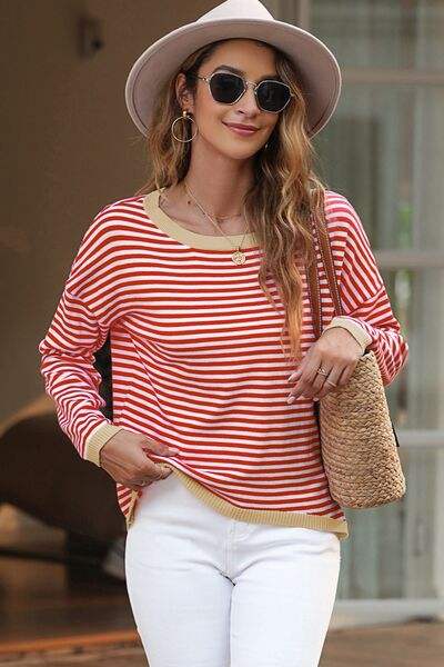 Striped Round Neck Drop Shoulder T-Shirt Blouses - Tophatter Daily Deals