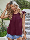 Spliced Lace Round Neck Flutter Sleeve Blouse Wine Blouses - Tophatter Daily Deals