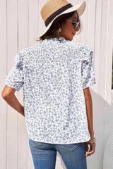 Floral Smocked Ruffle Shoulder Tie Neck Top Blouses - Tophatter Daily Deals