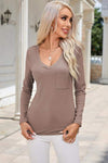 Ribbed V-Neck Long Sleeve Blouse with Pocket Blouses - Tophatter Daily Deals