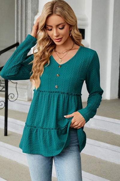 Frill V-Neck Long Sleeve T-Shirt Women's T-Shirts - Tophatter Daily Deals