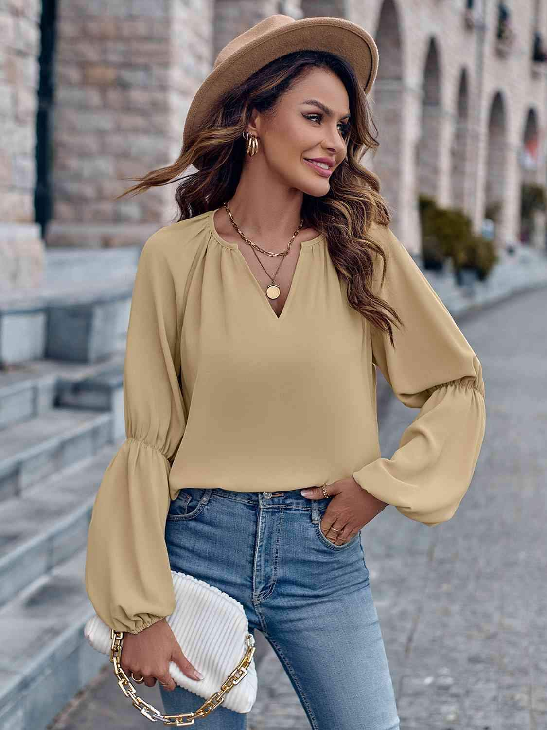 Notched Neck Long Sleeve Top Cream Blouses - Tophatter Daily Deals