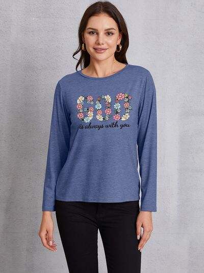 GOD IS ALWAYS WITH YOU Round Neck T-Shirt Dusty Blue Women's T-Shirts - Tophatter Daily Deals