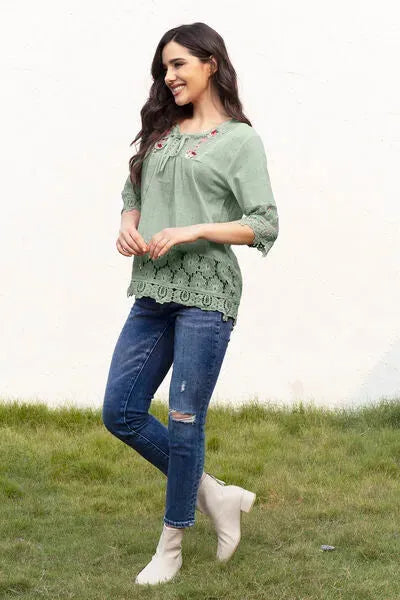 Tie Neck Lace Detail Half Sleeve Blouse Blouses - Tophatter Daily Deals