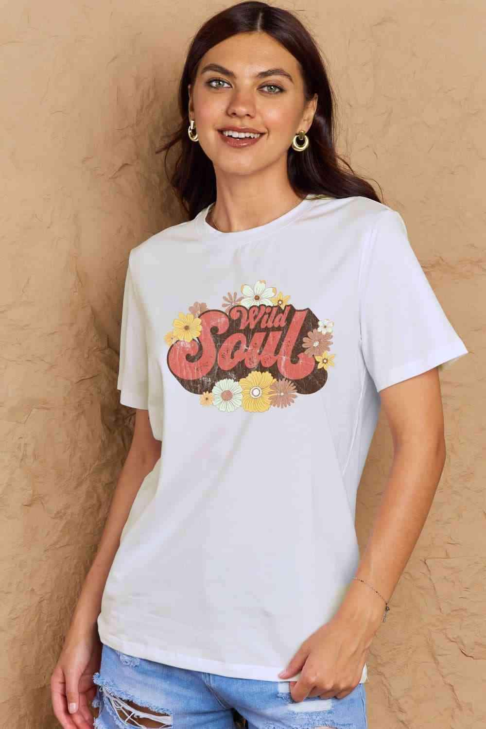 Simply Love Full Size WILD SOUL Graphic Cotton T-Shirt Bleach Women's T-Shirts - Tophatter Daily Deals