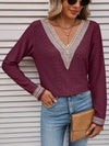 Double Take Contrast V-Neck Eyelet Long Sleeve Top Wine Blouses - Tophatter Daily Deals