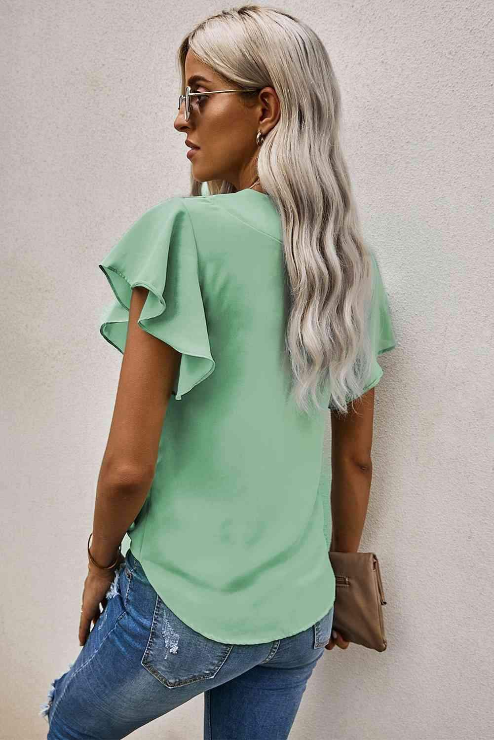 V-Neck Tie Hem Flutter Sleeve Blouse Blouses - Tophatter Daily Deals