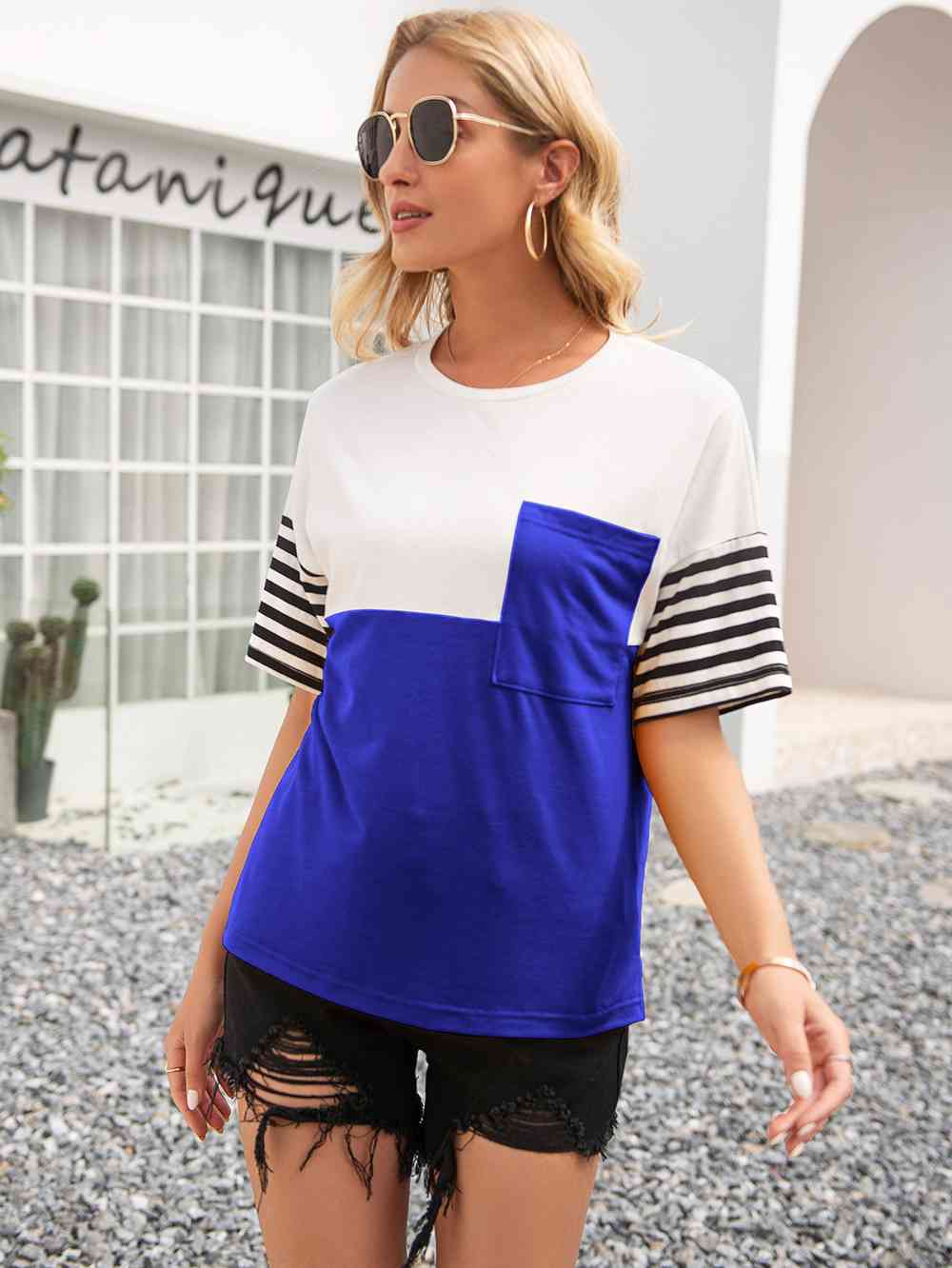 Striped Color Block Round Neck Tee Women's T-Shirts - Tophatter Daily Deals