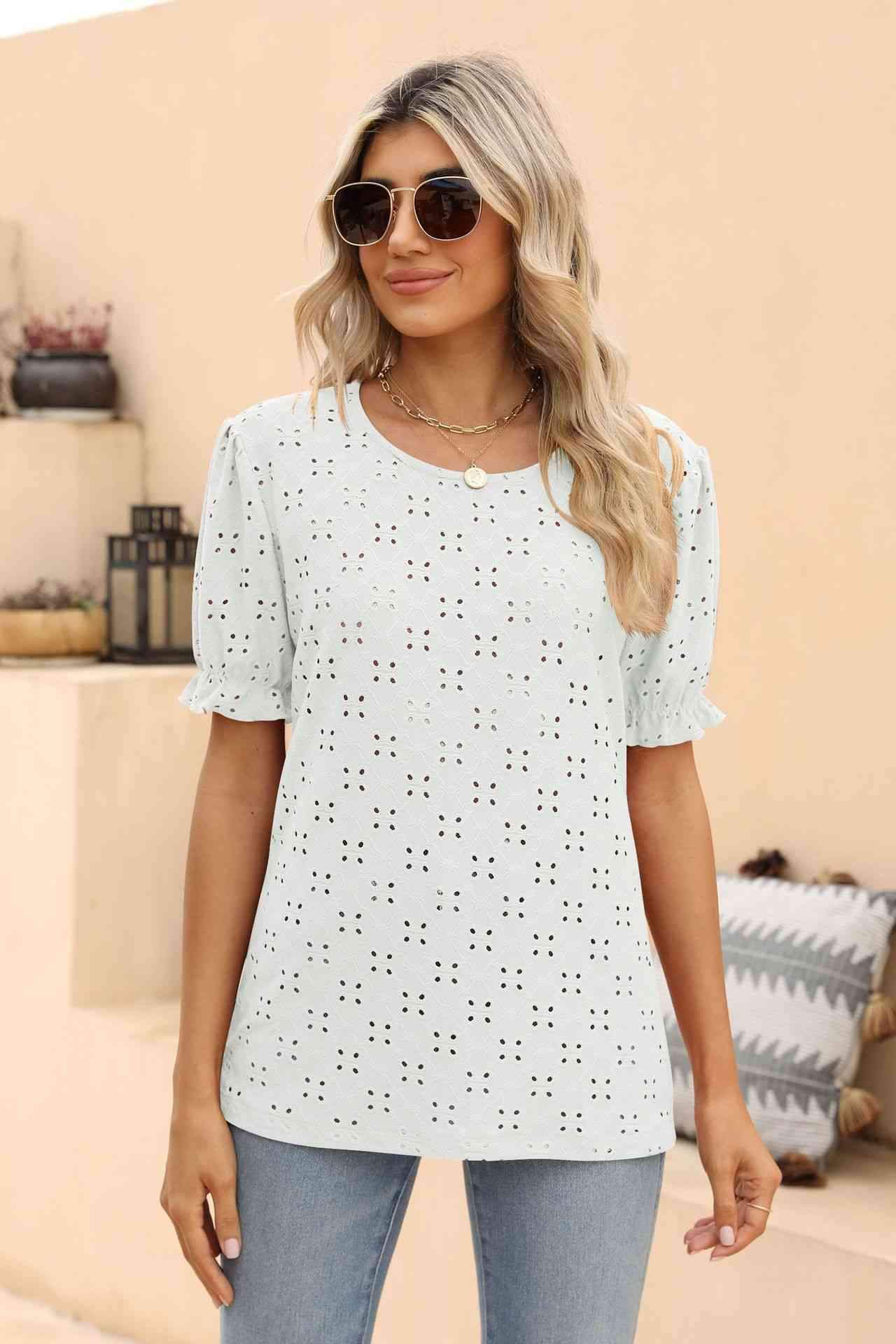 Openwork Round Neck Flounce Sleeve T-Shirt White Women's T-Shirts - Tophatter Daily Deals