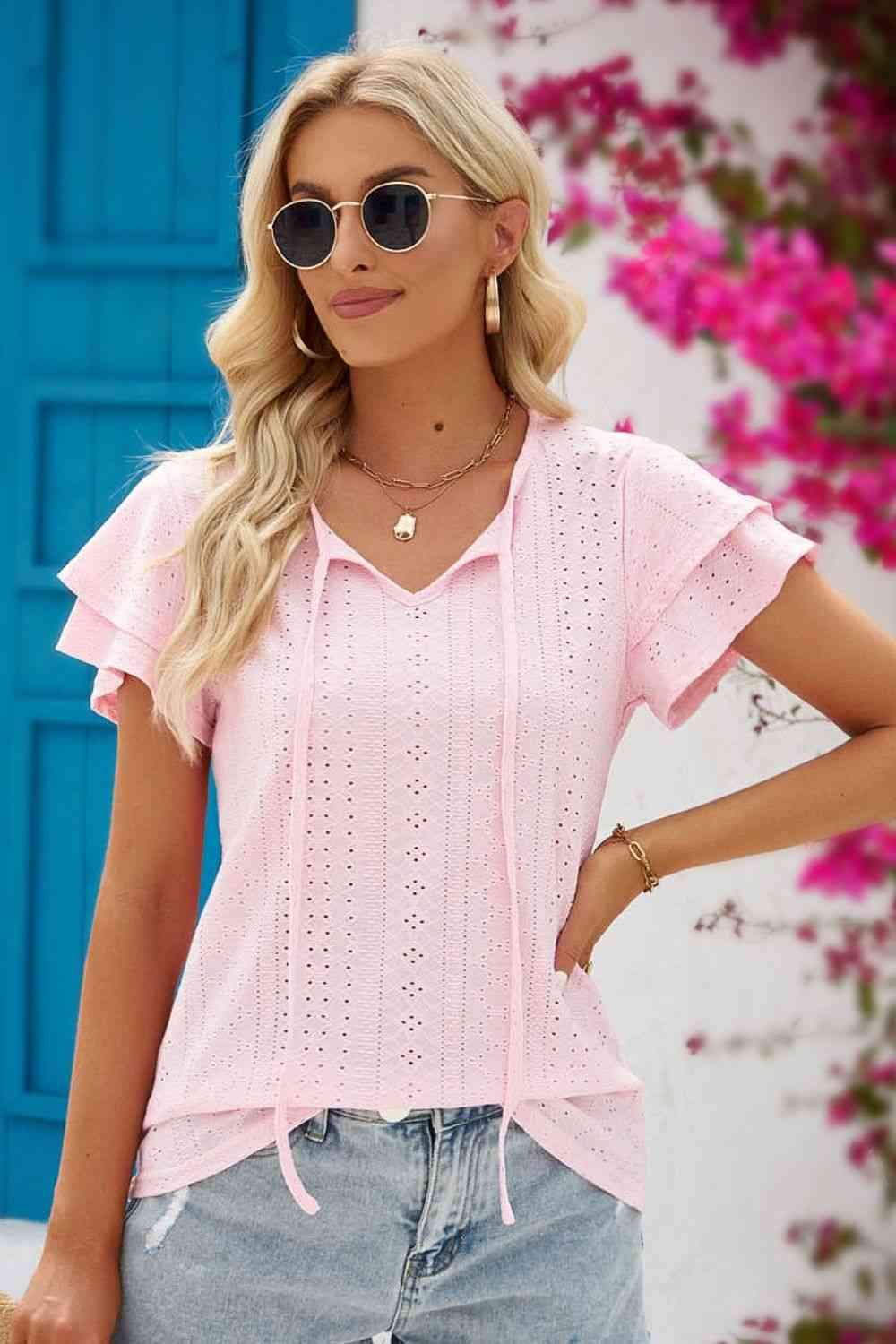 Eyelet Tie-Neck Flutter Sleeve Blouse Blush Pink Blouses - Tophatter Daily Deals