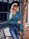 V-Neck Tie Cuff Puff Sleeve Blouse Blouses - Tophatter Daily Deals