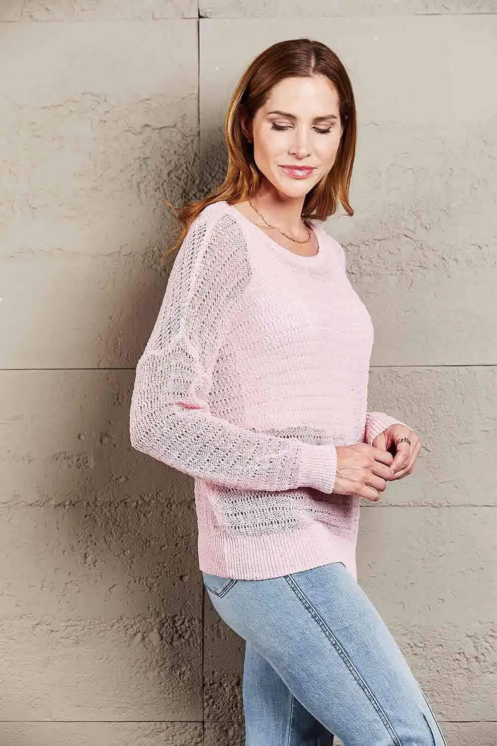Double Take Openwork Round Neck Dropped Shoulder Knit Top Blouses - Tophatter Daily Deals