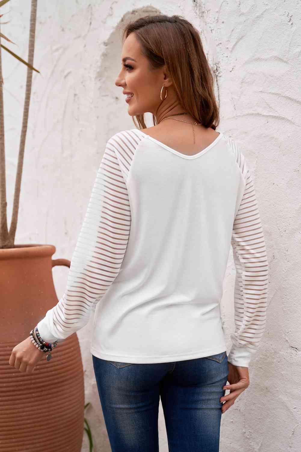 Sheer Striped V-Neck Top - Tophatter Deals