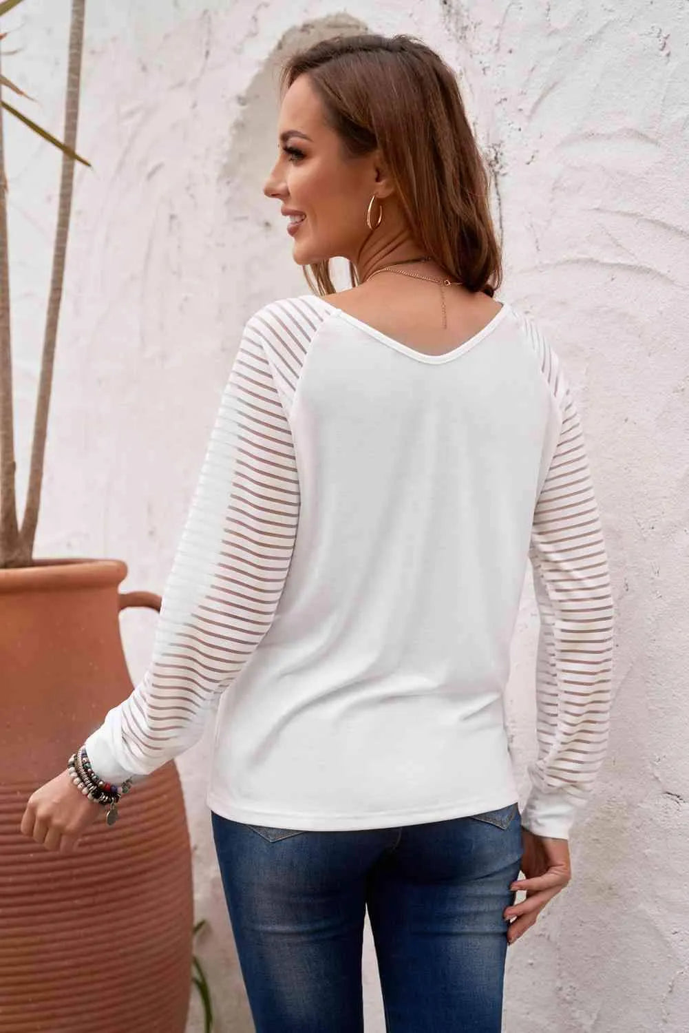 Sheer Striped V-Neck Top Blouses - Tophatter Daily Deals