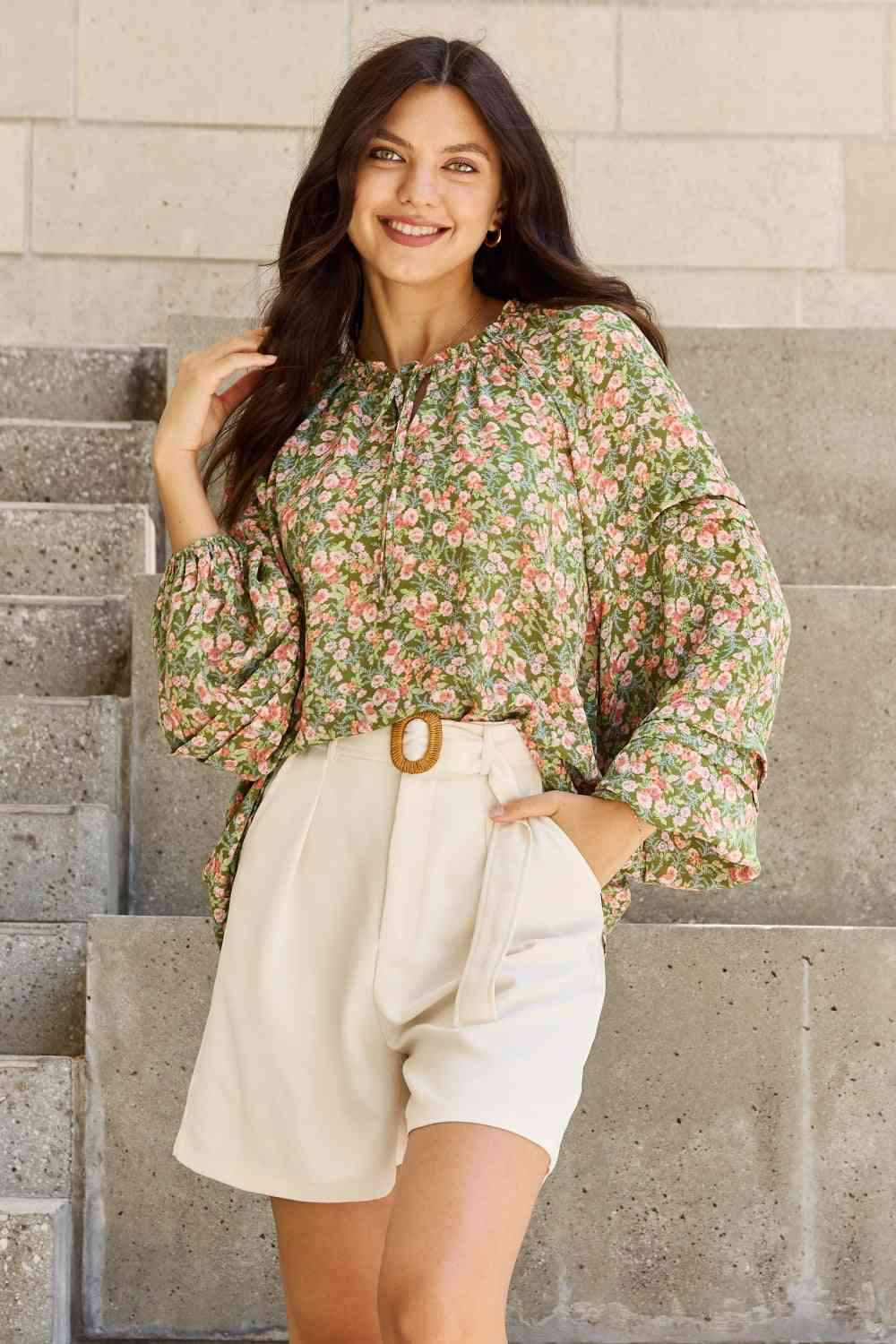 HEYSON She's Blossoming Full Size Balloon Sleeve Floral Blouse Blouses - Tophatter Daily Deals