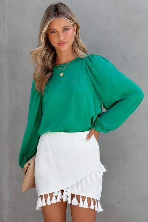 Round Neck Ruff Sleeve Blouse Mid Green Blouses - Tophatter Daily Deals