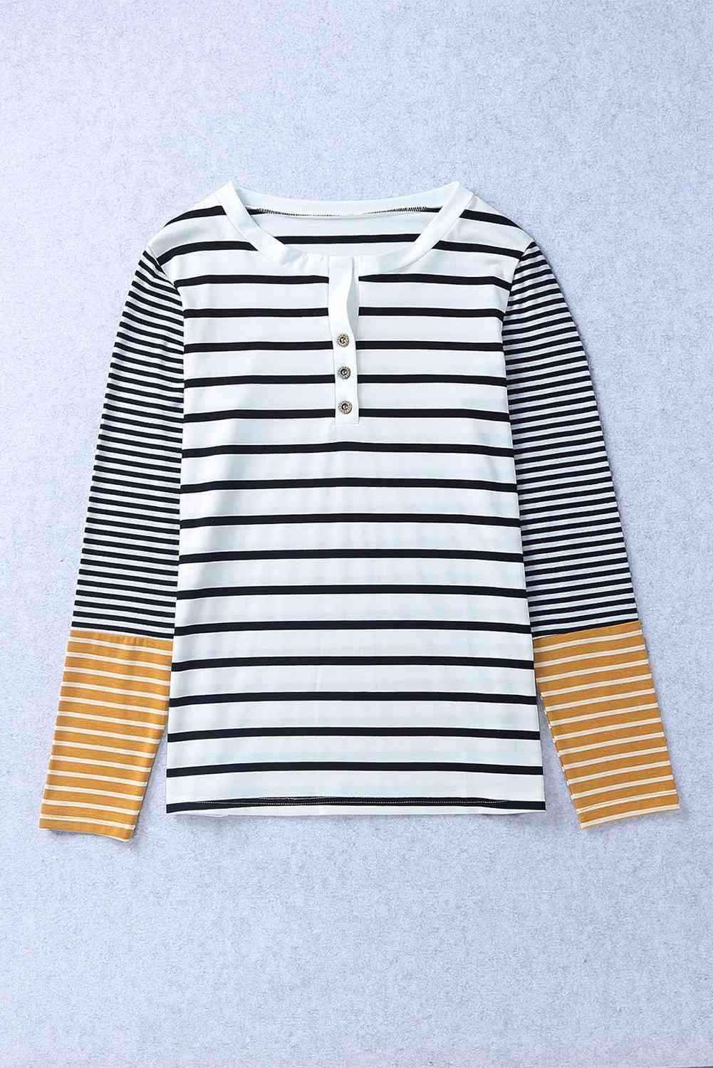 Striped Buttoned Long Sleeve Top Women's T-Shirts - Tophatter Daily Deals