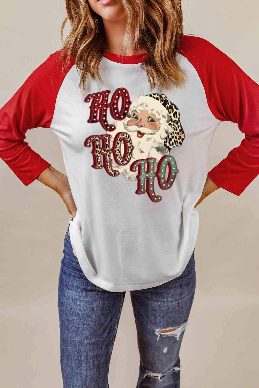 Santa Graphic Raglan Sleeve T-Shirt Women's T-Shirts - Tophatter Daily Deals