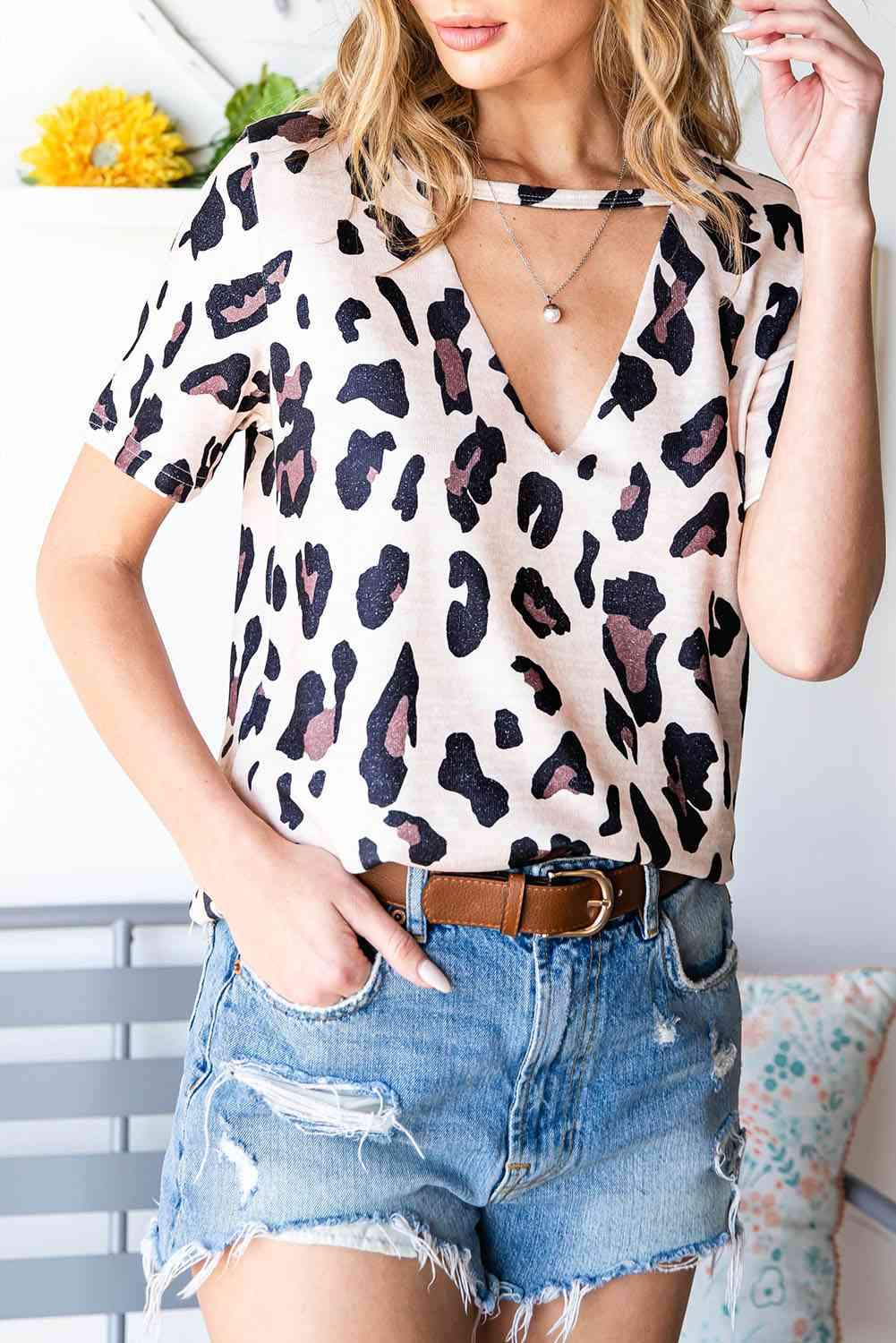 Leopard Cutout Short Sleeve Top Blouses - Tophatter Daily Deals